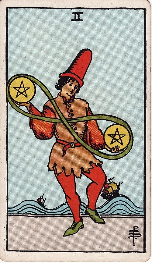 ไพ่ Two of Pentacles (สองเหรียญ)