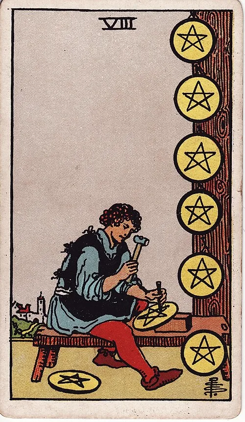 ไพ่ Eight of Pentacles (แปดเหรียญ)