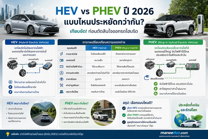 HEV vs PHEV ต่างกันยังไง ปี 2026 แบบไหนประหยัดกว่าและคุ้มค่าที่สุด