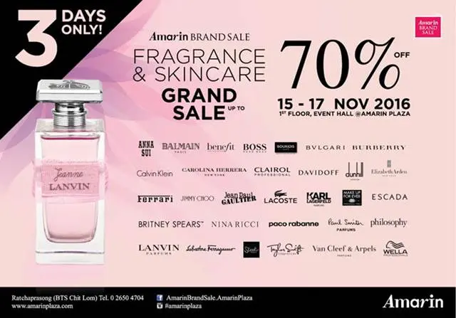 อัมรินทร์ แบรนด์เซล ชวนคุณช้อป น้ำหอมแบรนด์ดัง ลดสูงสุด 70% Amarin Brand Sale: Fragrance & Skincare Sale Up To 70% วันที่ 15 ถึง 17 พฤศจิกายน 2559