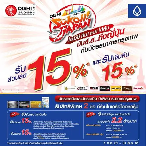 สิทธิพิเศษลูกค้า บัตรเครดิต และเดบิต บีเฟิสต์ ธนาคารกรุงเทพ Oishi Sukoii Japan รับส่วนลด 15% และ รับเงินคืน 15% พร้อมลุ้นเที่ยวญี่ปุ่น วันนี้ ถึง 31 สิงหาคม 2561