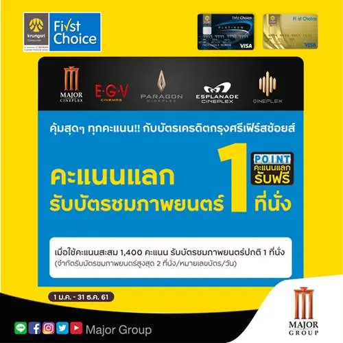 สิทธิพิเศษ บัตรเครดิต กรุงศรี เฟิร์สช้อยส์ ใช้คะแนน Krungsri First Choice Rewards แลกรับ บัตรชมภาพยนตร์ฟรี หรือ ชุดป๊อปคอร์นและน้ำอัดลม ฟรี ที่ โรงภาพยนต์ในเครือ SF วันนี้ ถึง 31 ธันวาคม 2561