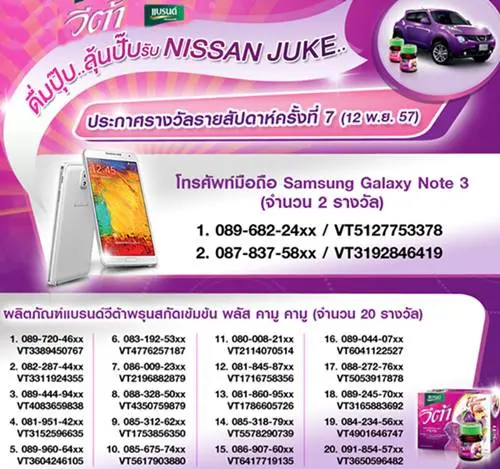 ส่ง SMS ชิงรางวัล กับ แบรนด์วีต้า ดื่มปุ๊บ ลุ้นปั๊บ รับนิสสันจู๊ค และของรางวัลอื่นๆ อีกมากมาย ถึง 18 พ.ย.57